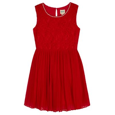 Yumi Girl Red Pleated Pearl Lace Dress